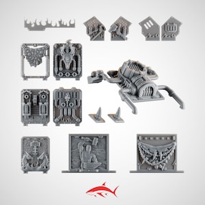 May include: A collection of gray plastic miniature terrain pieces, including walls, a furnace, and decorative elements. The set features various textures and designs, suitable for tabletop gaming or model building.