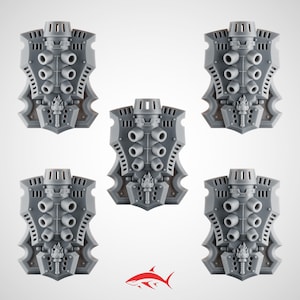 May include: Five gray, futuristic-looking shield components. Each shield has a central structure with multiple circular openings, a top vent, and decorative elements. The shields are arranged against a white background, with a red shark logo at the bottom.