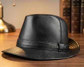 Black Leather Traditional 1920s and 30s New York Style Fedora Hat