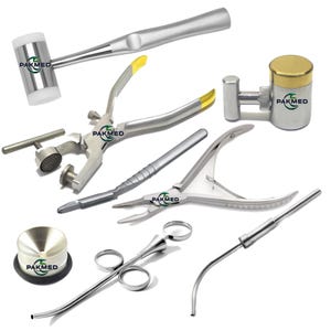 May include: An assortment of surgical instruments, including pliers, forceps, and a mallet. The tools are made of stainless steel and feature yellow accents. The brand name "PAKMED" is visible on several instruments.