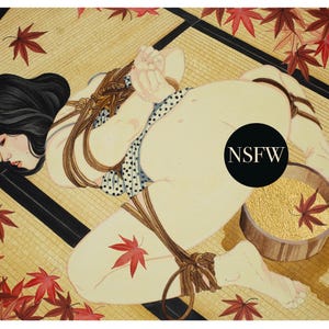 May include: An illustration of a person tied with rope, lying on a tatami mat. The person wears a polka-dot garment. Red maple leaves are scattered around the person and a wooden bowl. The image has a black circle with the text "NSFW".
