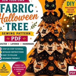 Boo Tree Halloween gequilte stoffen boom patroon, mini quilt decoratie (PDF download), DIY Halloween gequilte stoffen boom kit