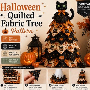 May include: A digital download PDF pattern for a Halloween quilted fabric tree. The tree features black and orange fabric with cat and pumpkin prints, topped with a black cat. Includes instructions for cutting, folding, and assembly.