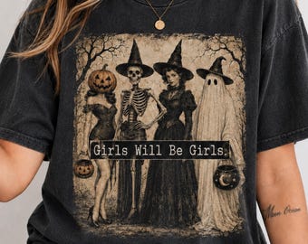Spooky Girl Squad Halloween PNG SVG, Girls Will Be Girls, Vintage Hexen-Skelett-Geist-Kürbis-Kopf-Shirt-Design