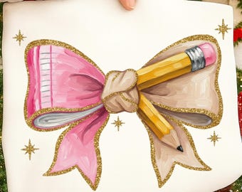 Yarn Crochet Teacher Christmas Bow PNG, Coquette Pencil (Digital Download)