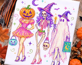 Pink Spooky Girl Squad PNG , Retro Skeleton Ghost Pumpkin, Witchy Fall Shirt Design, Trendy Halloween Sublimation, Girls Will Be Girls