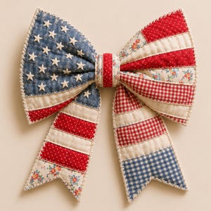 Può includere: Un grande fiocco decorativo a tema patriottico. Il fiocco presenta un design patchwork con tessuto denim blu con stelle bianche, pois rossi e strisce rosse e bianche. I bordi sono rifiniti con un bordo color crema.