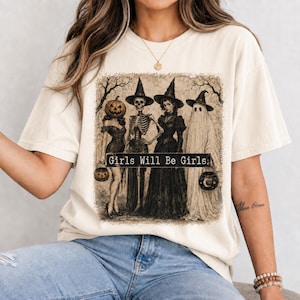 Spooky Girl Squad Halloween PNG SVG, Girls Will Be Girls, Vintage Witch Skeleton Ghost Pumpkin Head Shirt Design image 2