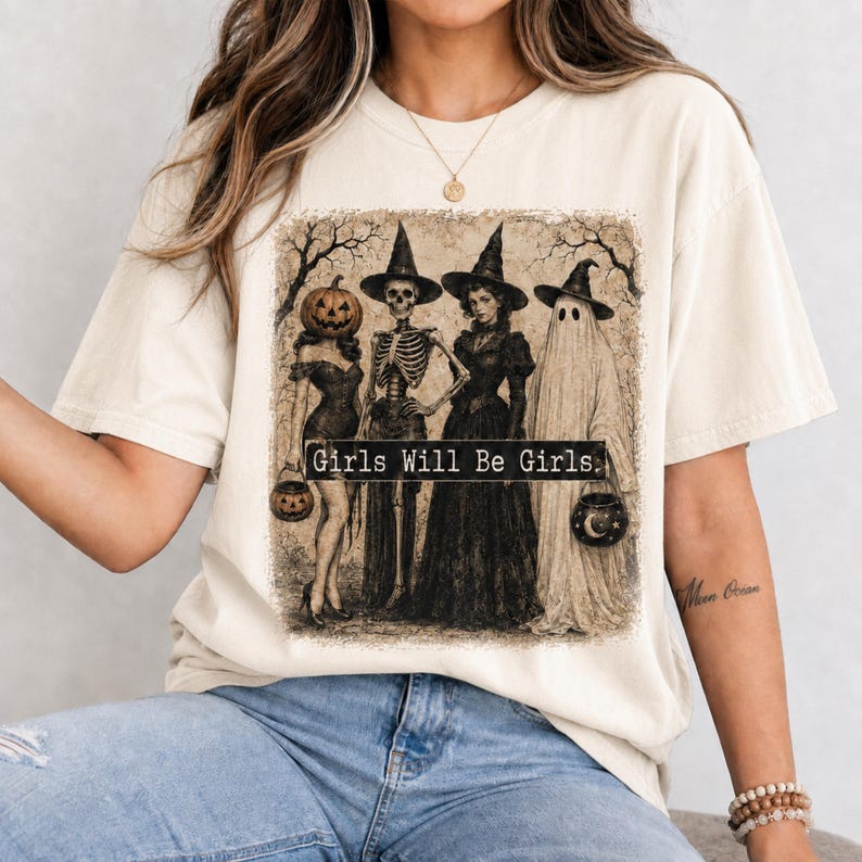 Spooky Girl Squad Halloween PNG SVG, Girls Will Be Girls, Vintage Witch Skeleton Ghost Pumpkin Head Shirt Design image 2