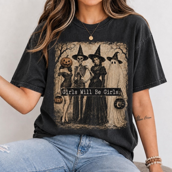 Spooky Girl Squad Halloween PNG SVG, Girls Will Be Girls, Vintage Witch Skeleton Ghost Pumpkin Head Shirt Design