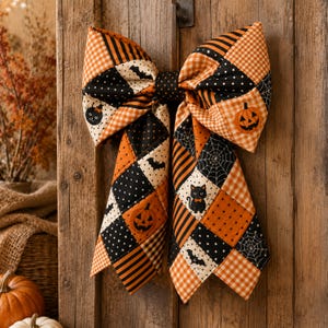 May include: A decorative fabric bow featuring a patchwork design with orange and black patterns. The fabric includes motifs of jack-o'-lanterns, black cats, bats, spiderwebs, polka dots, stripes, and gingham checks, creating a festive Halloween theme.