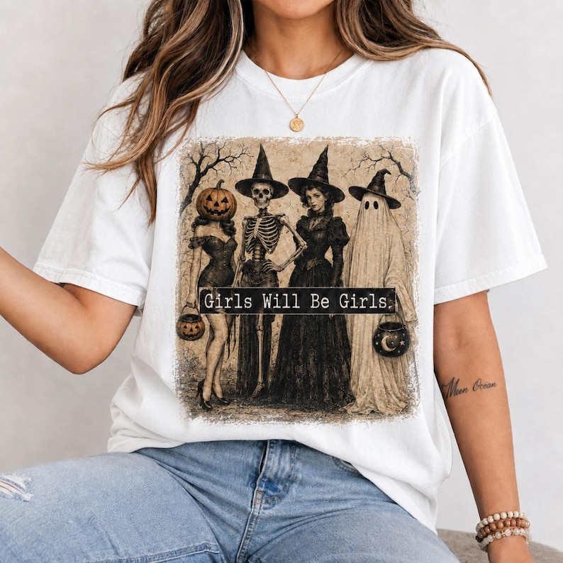Spooky Girl Squad Halloween PNG SVG, Girls Will Be Girls, Vintage Witch Skeleton Ghost Pumpkin Head Shirt Design image 4