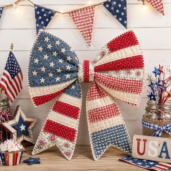 Patriotic Patchwork Bow Sewing Pattern PDF • Confident Beginner • Americana Scrap Fabric Project • Digital Download