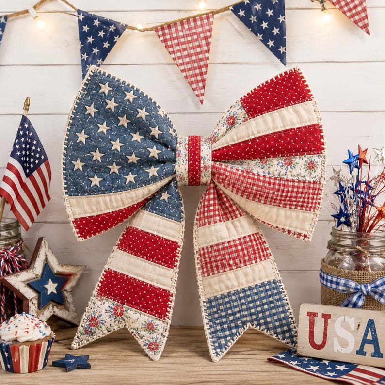 K&ouml;nnte beinhalten: Eine gro&szlig;e, patriotische Schleife mit einem Patchwork-Design aus roten, wei&szlig;en und blauen Stoffen. Das Design der Schleife enth&auml;lt Sterne und Streifen, die der amerikanischen Flagge &auml;hneln. Zus&auml;tzliche patriotische Dekorationen, darunter Flaggen und sternf&ouml;rmige Ornamente, sind im Hintergrund zu sehen.