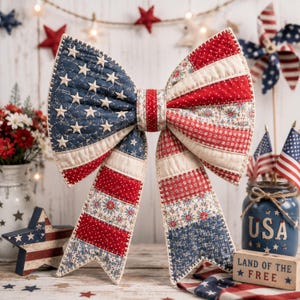 K&ouml;nnte beinhalten: Eine gro&szlig;e, patriotische Schleife mit einem gesteppten Design in Rot, Wei&szlig; und Blau. Das Design der Schleife enth&auml;lt Sterne und Streifen, die an die amerikanische Flagge erinnern. Es ist ein dekorativer Artikel, perfekt, um jedem Raum eine festliche Note zu verleihen.