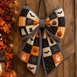 Peut inclure: Un grand nœud décoratif en tissu matelassé avec un motif patchwork de carrés orange et noirs. Le design présente des motifs de fantômes, citrouilles, chats noirs, chauves-souris et toiles d'araignée, bordés d'un liseré vichy noir et blanc.