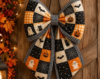 Nähvorlage für eine Halloween-Schleife (PDF), Vorlage für eine riesige Stoffschleife, gruselige Patchwork-Türschleife, anfängerfreundliche DIY-Halloween-Deko