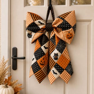 May include: A large fabric bow featuring a patchwork design of orange and black patterns, including gingham, stripes, and polka dots. The fabric displays Halloween motifs such as jack-o'-lanterns, black cats, bats, and spider webs.