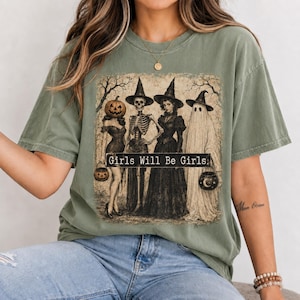 Spooky Girl Squad Halloween PNG SVG, Girls Will Be Girls, Vintage Witch Skeleton Ghost Pumpkin Head Shirt Design image 5