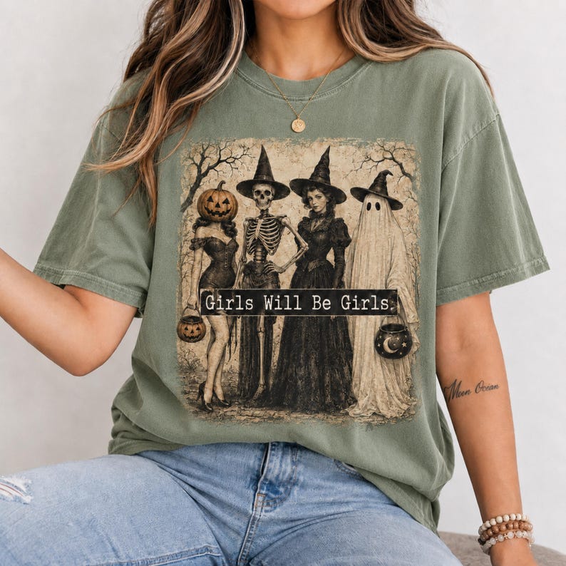 Spooky Girl Squad Halloween PNG SVG, Girls Will Be Girls, Vintage Witch Skeleton Ghost Pumpkin Head Shirt Design image 5