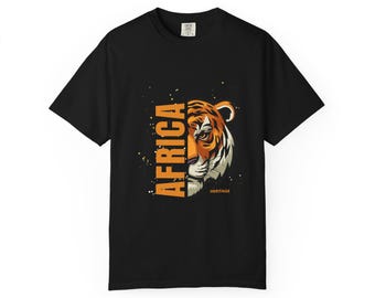 African Tiger Illustration T-Shirt | Orange Tiger Face Typography