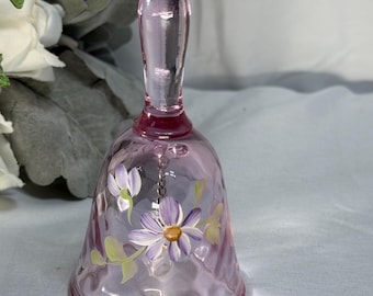 Vintage Signed Fenton Bell Pink With  Hand Painted Flowers And Original Sticker