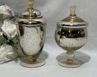Juego de 2 frascos decorativos de vidrio ámbar dorado con efecto mercurio, ideales para boticarios, con tapas.