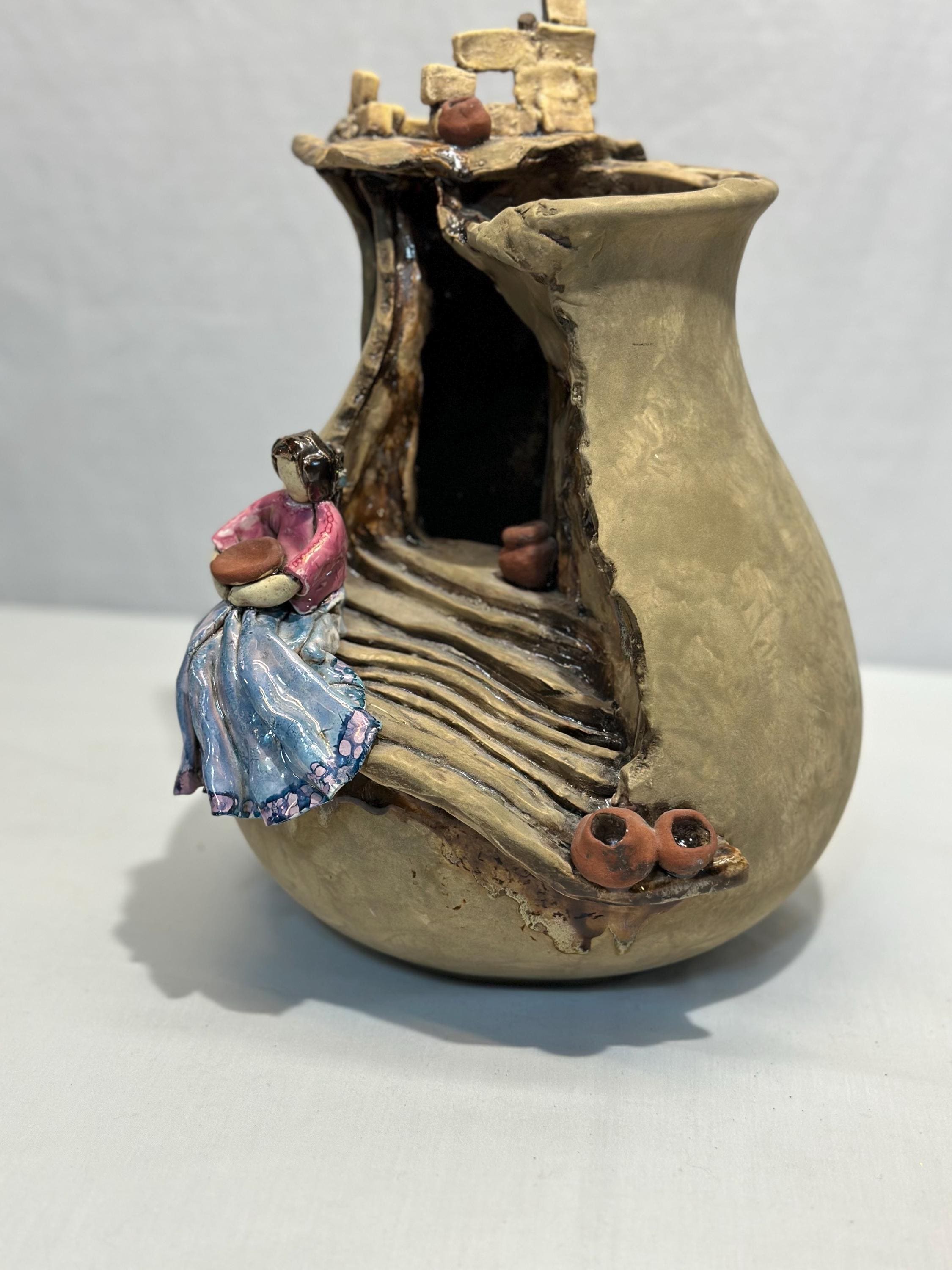 陶板 抽象ART vintage item Vintage Janet Haefner Clay Sculpture: Native American Pueblo Art