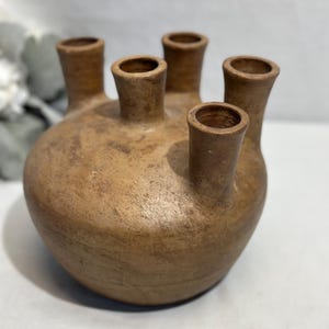 May include: A brown, rounded ceramic vase featuring five distinct, upright tubular openings extending from the top of the main body. The surface of the vessel has a matte, earthy texture with subtle variations in color throughout the clay material.