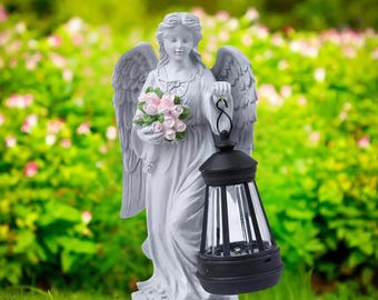Statua di angelo decorativa da giardino, statua da esterno con lanterna solare e statuetta di angelo, tomba commemorativa da giardino, decorazione spirituale per cimitero con angelo, grazioso angelo.