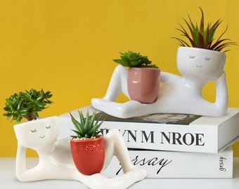 Grazioso vaso per piante, moderno vaso per fiori divertente, porta piante grasse, vaso per piante da interno, fioriera in ceramica minimalista, regalo decorativo per scrivania da ufficio.