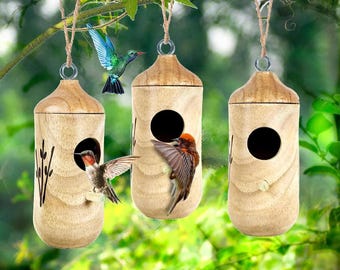 Casetta per colibrì da appendere all'esterno, nido per colibrì in legno con corde di canapa, nido per colibrì da appendere alla finestra del giardino all'esterno.