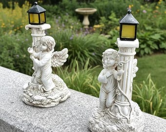 Statua da giardino a forma di angelo con lanterna solare, statuette decorative a forma di angelo per esterni, cortile, patio, vialetto, decorazione commemorativa e per la casa, ornamento per candele.
