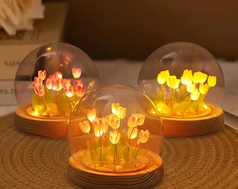 Luce notturna a forma di tulipano per San Valentino, lampada a LED con cupola in vetro, esposizione di tulipani stabilizzati, arredamento romantico per la casa, regalo unico per San Valentino.