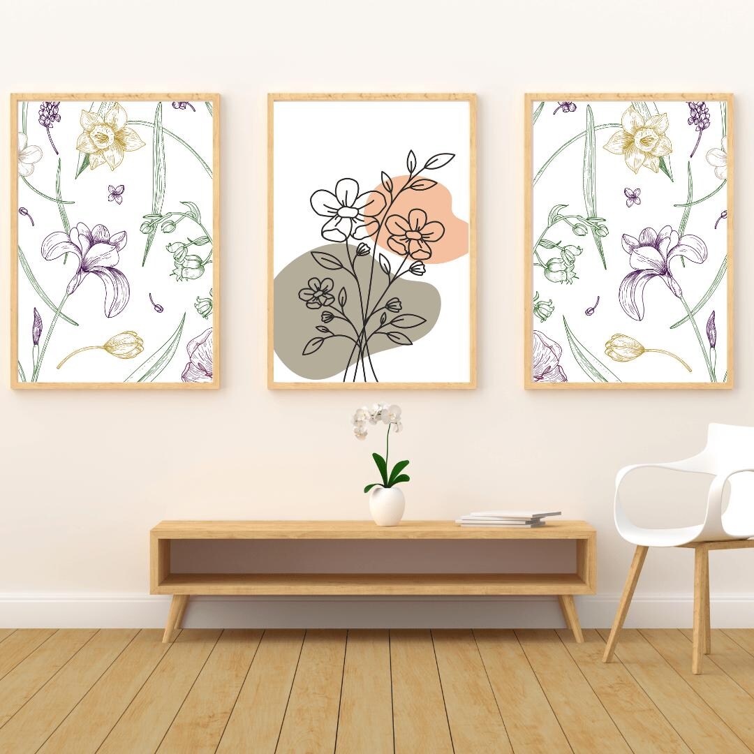 Floral Line Art Set of 3 Printable, Minimalist Flower Wall Art, Neutral ...