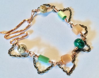 Beautiful Copper "Chained Jewels" Bracelet with Semi Precious Stones & Shell Beads