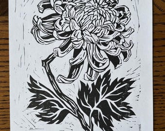 Chrysantheme Linoldruck | 5x7 ” | Handgedruckt | Botanische Kunst