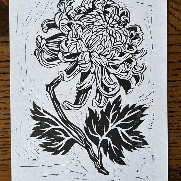 Chrysanthemum Linocut Print | 5x7” | Handprinted | Botanical Art