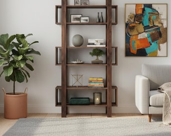 Estantería moderna de madera maciza: estanterías naturales / Estantería de madera hecha a mano con diseño contemporáneo abierto