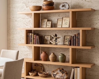 Handmade Chestnut Wood Shelf Unit – Modern Wooden Bookcase, Living Room Storage Rack