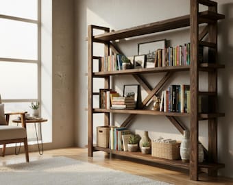 Mid-Century Modern Bookshelf Crafted from Natural Solid Wood – Minimalist Design- Wooden Bookcase