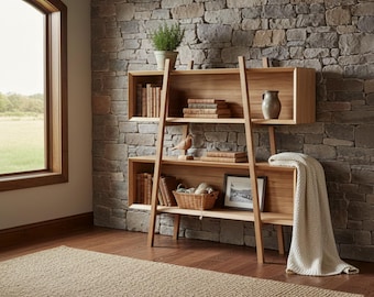 Modern Wooden Bookshelf with Storage Compartments – Display Shelf, Wooden Bookcase , Solid Wood Organizer