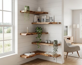Live Edge Wooden Corner Shelf, Solid Wood Floating Shelf, Rustic Farmhouse Wall Decor, Handmade Natural Furniture