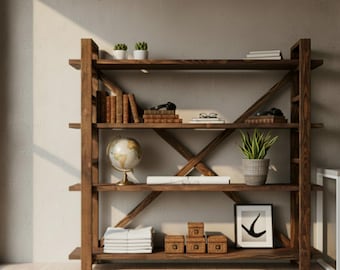 Mid-Century Modern Bookshelf Crafted from Natural Solid Wood – Minimalist Design- Wooden Bookcase