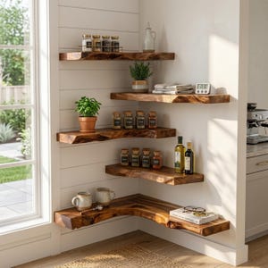 May include: A set of five L-shaped floating shelves made of natural wood with live edges, mounted in a corner. The shelves hold various glass spice jars, potted green plants, a white ceramic pitcher, folded linens, a digital timer, and bottles.