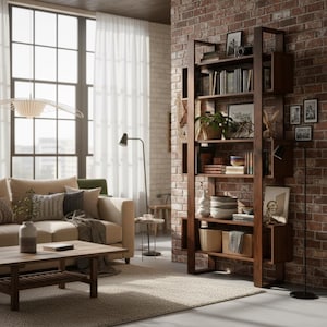 May include: A living room interior with a dark wooden bookcase filled with books and ornaments. A beige sofa with cushions and a wooden coffee table are in front of a large window. The room has a brick wall and a rug.