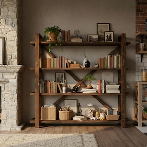 Könnte beinhalten: Ein dunkelbraunes Bücherregal mit drei Regalböden, gefüllt mit Büchern, Pflanzen und dekorativen Gegenständen. Das Bücherregal hat eine X-förmige Stütze auf der Rückseite. Weidenkörbe und gerahmte Bilder sind ebenfalls zu sehen.