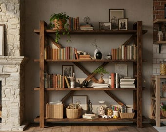 Mid-Century Modern Bookshelf Crafted from Natural Solid Wood – Minimalist Design- Wooden Bookcase
