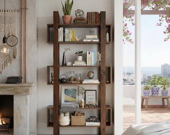 Estantería moderna de madera maciza: estanterías naturales / Estantería de madera hecha a mano con diseño contemporáneo abierto