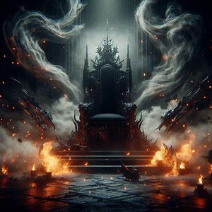 Puede incluir: Un trono gótico oscuro y detallado, con intrincadas tallas, situado sobre un fondo de humo y llamas arremolinadas. El trono, con su respaldo y reposabrazos detallados, es el punto focal. La imagen evoca una sensación de poder y fantasía.
